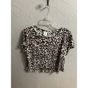 Cabi Womens Crop‎ Top Ivory Black Leopard Print Short Sleeve Size Small
